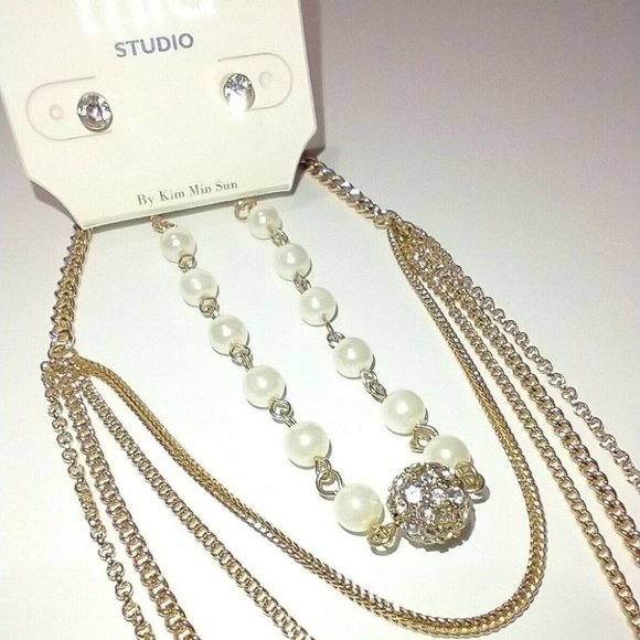 Undefined Jewelry - 3/$10   Stud Earrings & Layered Gold-Tone Necklace